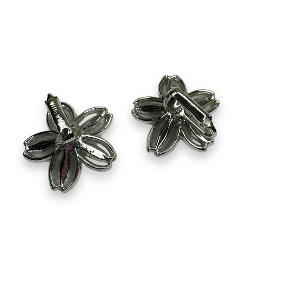 Sarah Coventry Silver Tone Black Crystal Flower Brooch Clip On Earrings Set - Picture 3 of 7